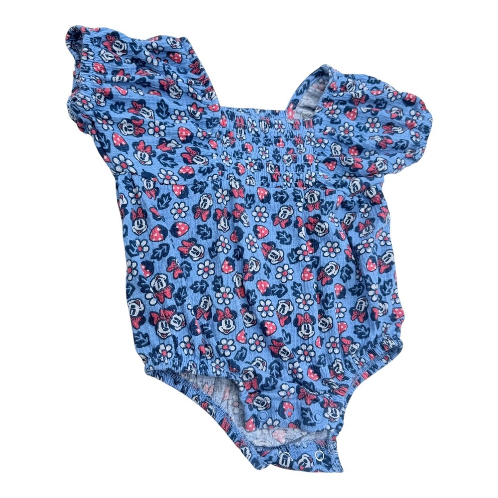 Disney Baby Minnie Mouse Bodysuit 3-6M Blue Floral Strawberry Smocked Excellent